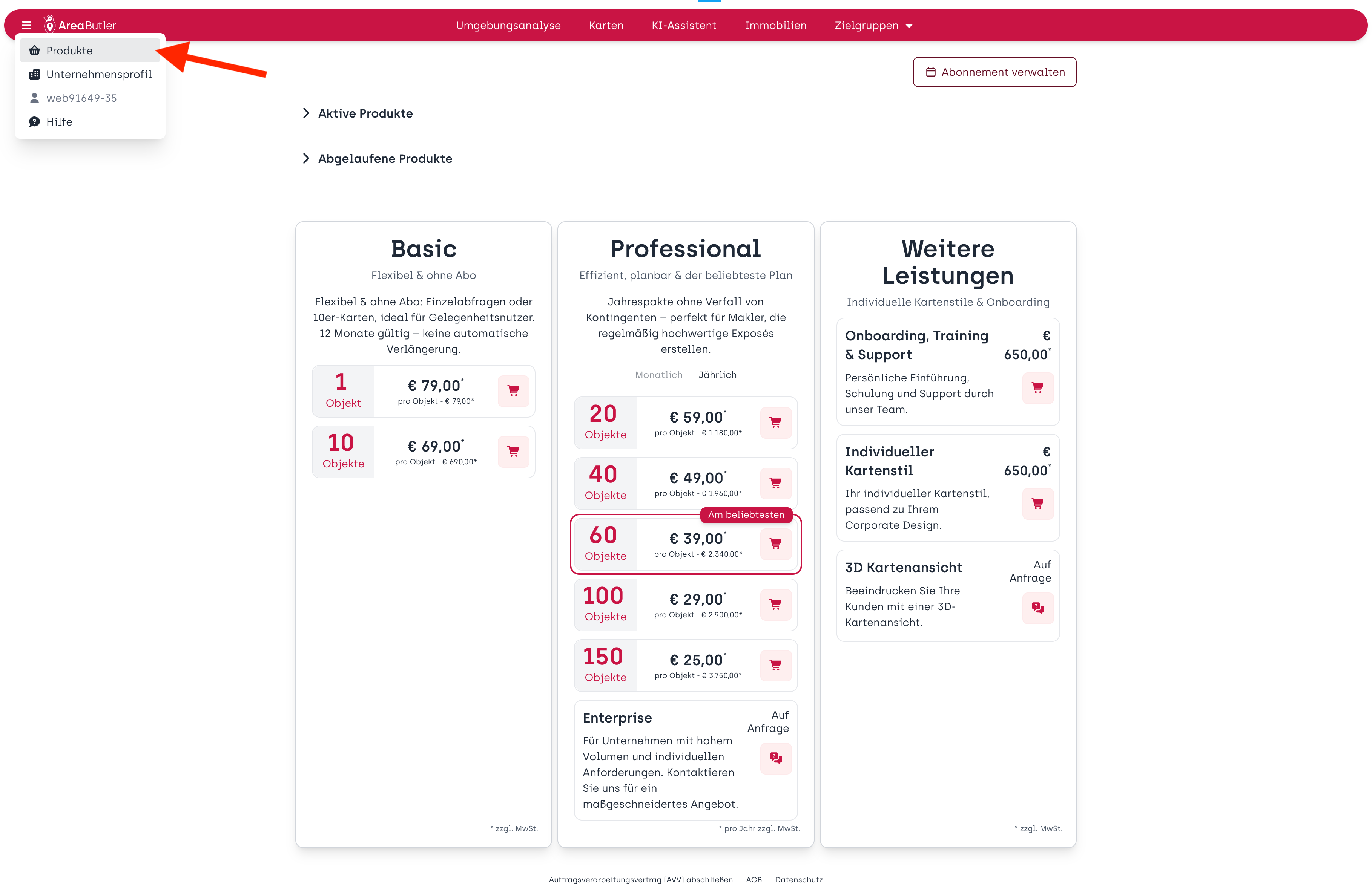 AreaButler App: Bereich Produkte mit Paketauswahl und Checkout